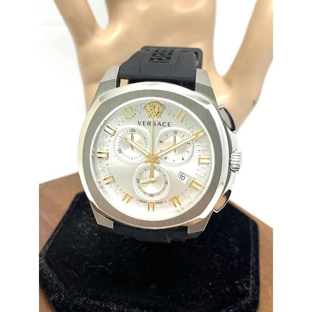 Versace Men's Watch VE7CA0123 Swiss Quartz Chronograph Silver Black Rubber 43mm